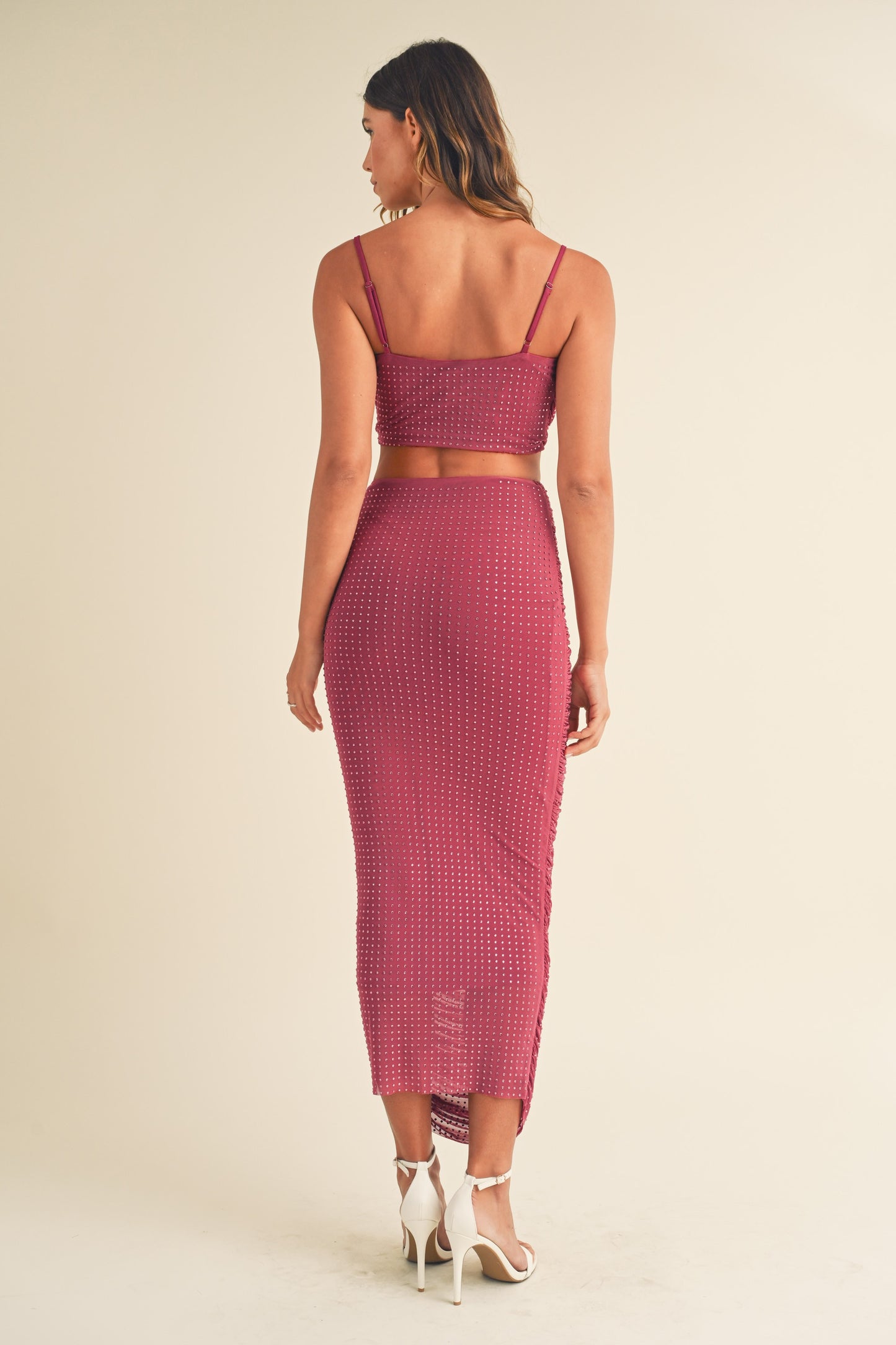 2pc set- mesh rhinestone crop top & midi skirt