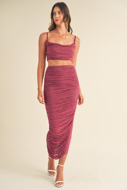 2pc set- mesh rhinestone crop top & midi skirt