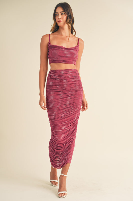 2pc set- mesh rhinestone crop top & midi skirt