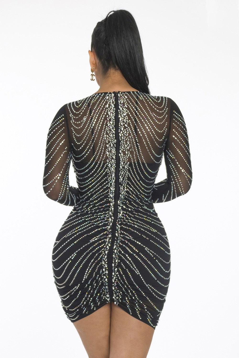 long sleeve rhinestone mesh overlay ruched dress