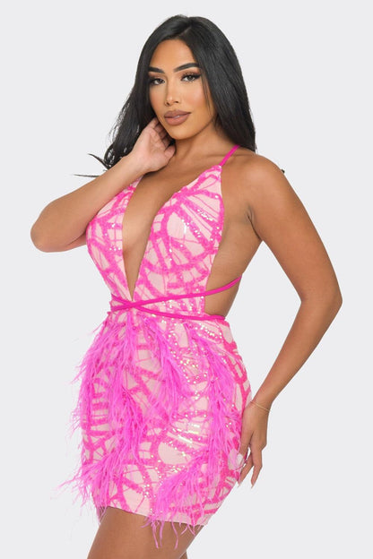 sequin & feather halter neck mini dress - RK Collections Boutique