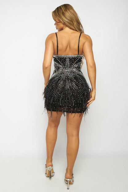 rhinestone beaded feather mini dress - alomfejto