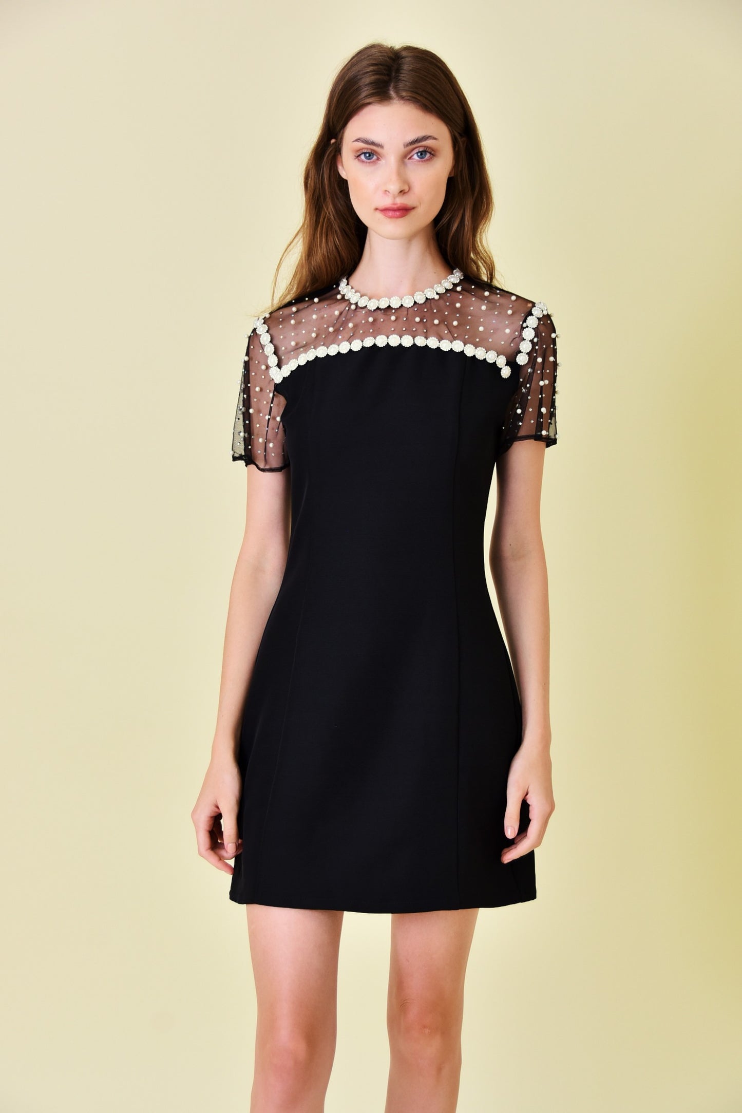 pearl studded contrast sheer short sleeve dress