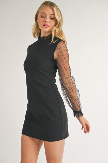 sheer dotted sleeve high neck dress