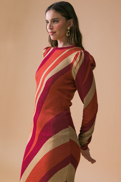 long sleeve print knit midi dress