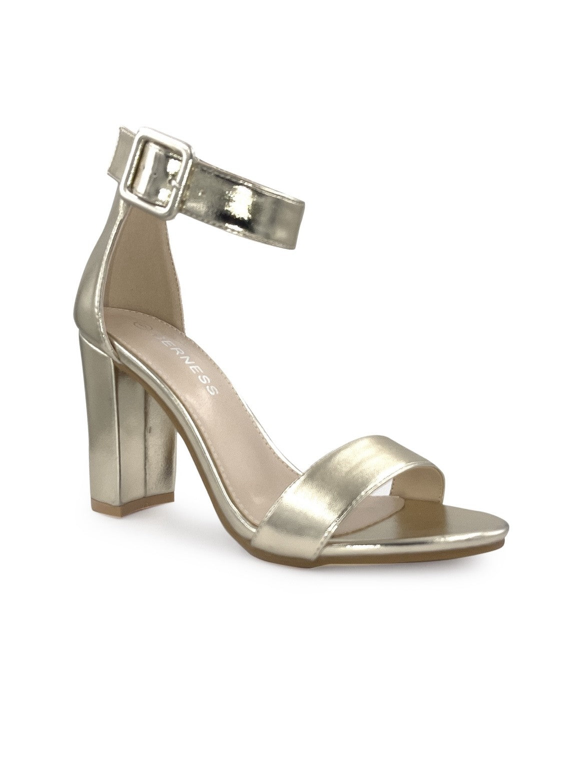 metallic block heel ankle strap shoe