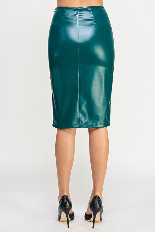 thigh slit faux leather pencil skirt