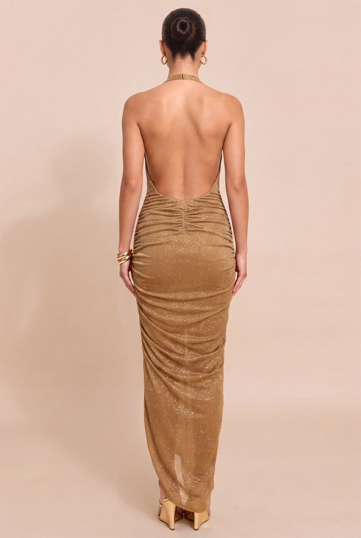 mesh glitter cowl halter low back maxi dress