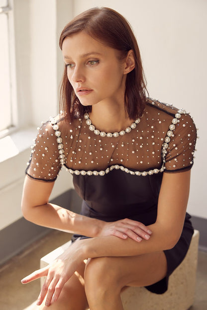 pearl studded contrast sheer short sleeve dress