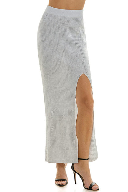 2pc set- studded knit long sleeve crop top & slit maxi skirt