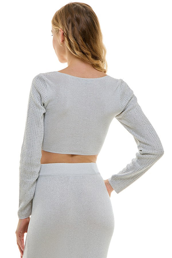 2pc set- studded knit long sleeve crop top & slit maxi skirt