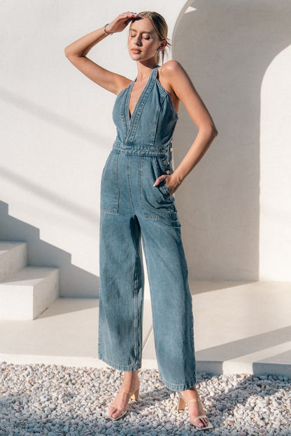 v neck wide leg denim jumpsuit