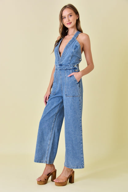 v neck wide leg denim jumpsuit