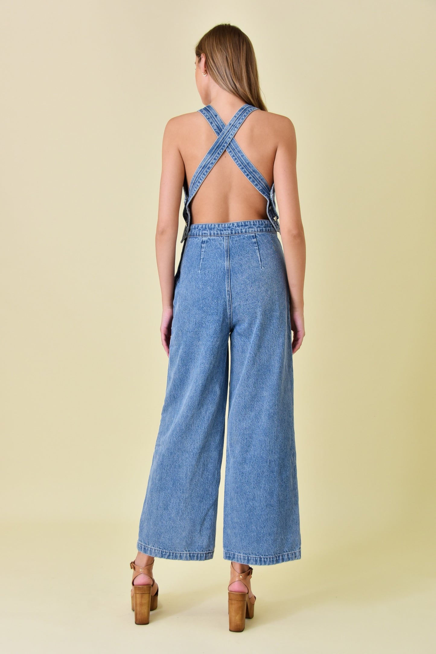 v neck wide leg denim jumpsuit