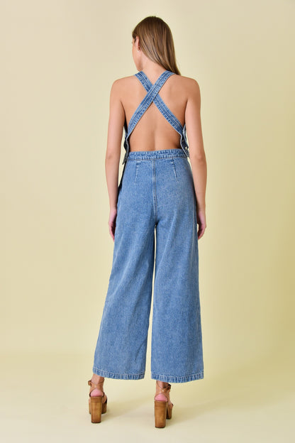 v neck wide leg denim jumpsuit