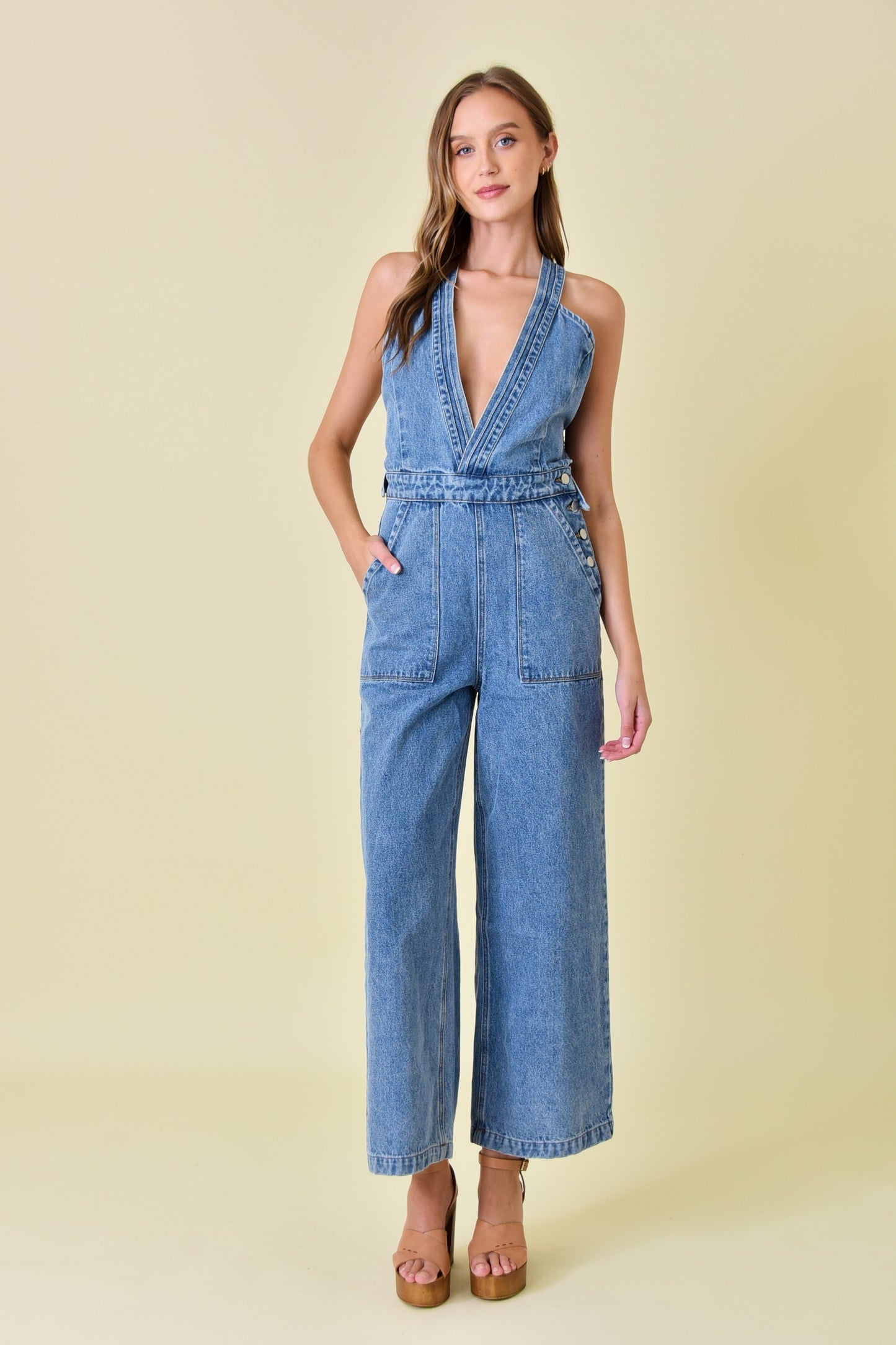 v neck wide leg denim jumpsuit