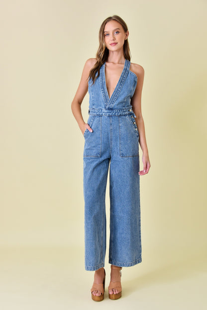 v neck wide leg denim jumpsuit