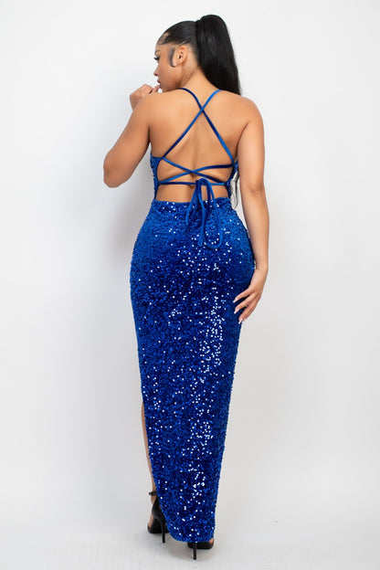 Sequin Back-Tie Slit Maxi Dress