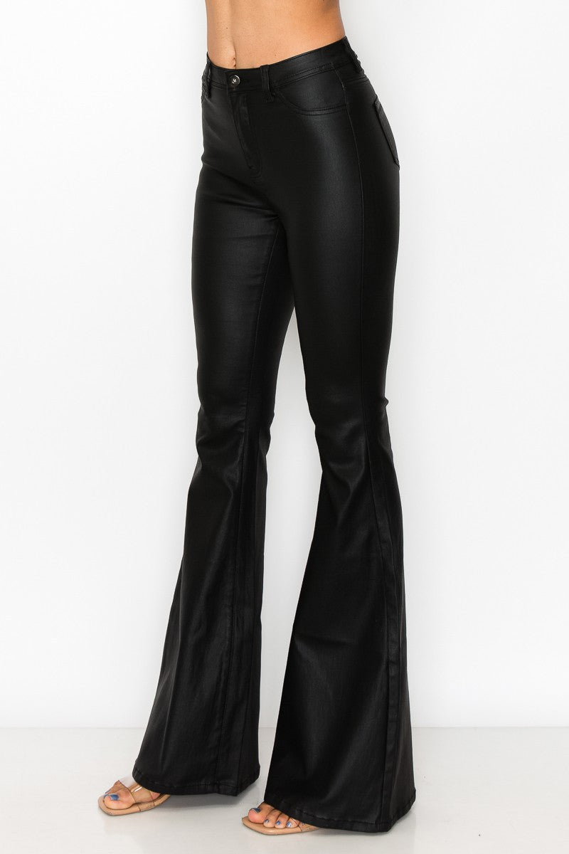 faux leather high waist coated stretch bell bottom pants