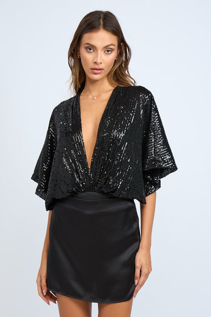 plunging v-neck flutter sleeve sequin bodysuit