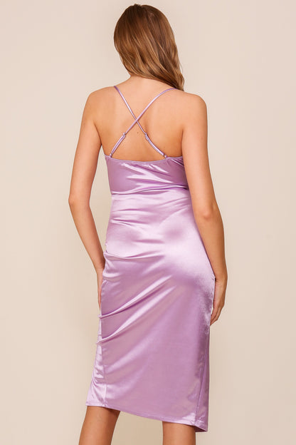 sleeveless cowl neck side ruched satin dress