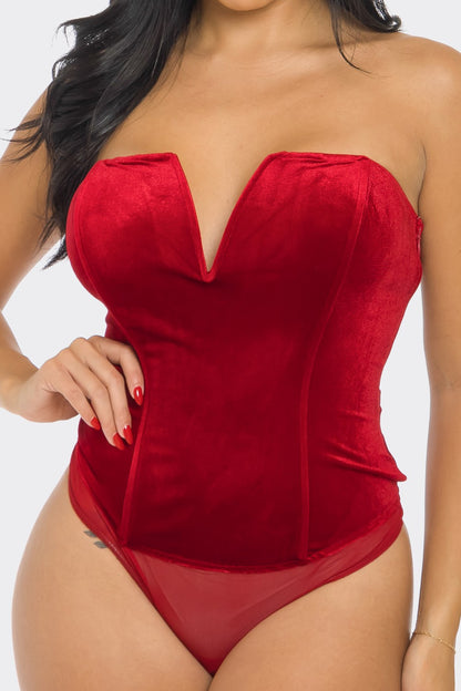 velvet strapless v notched bodysuit