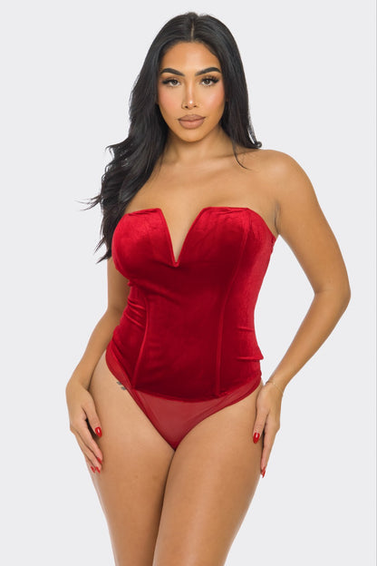 velvet strapless v notched bodysuit