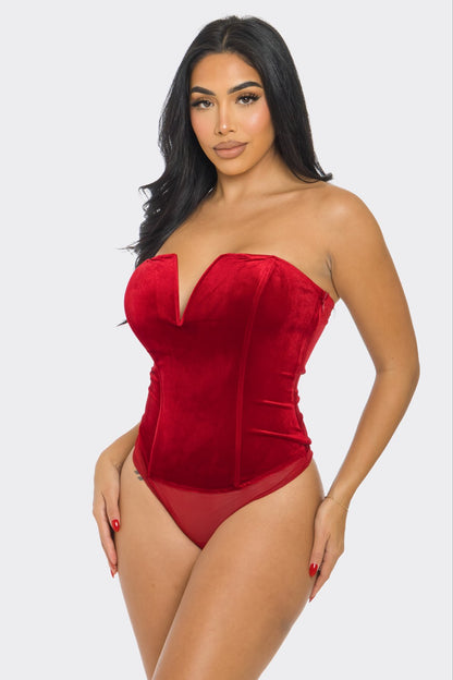 velvet strapless v notched bodysuit