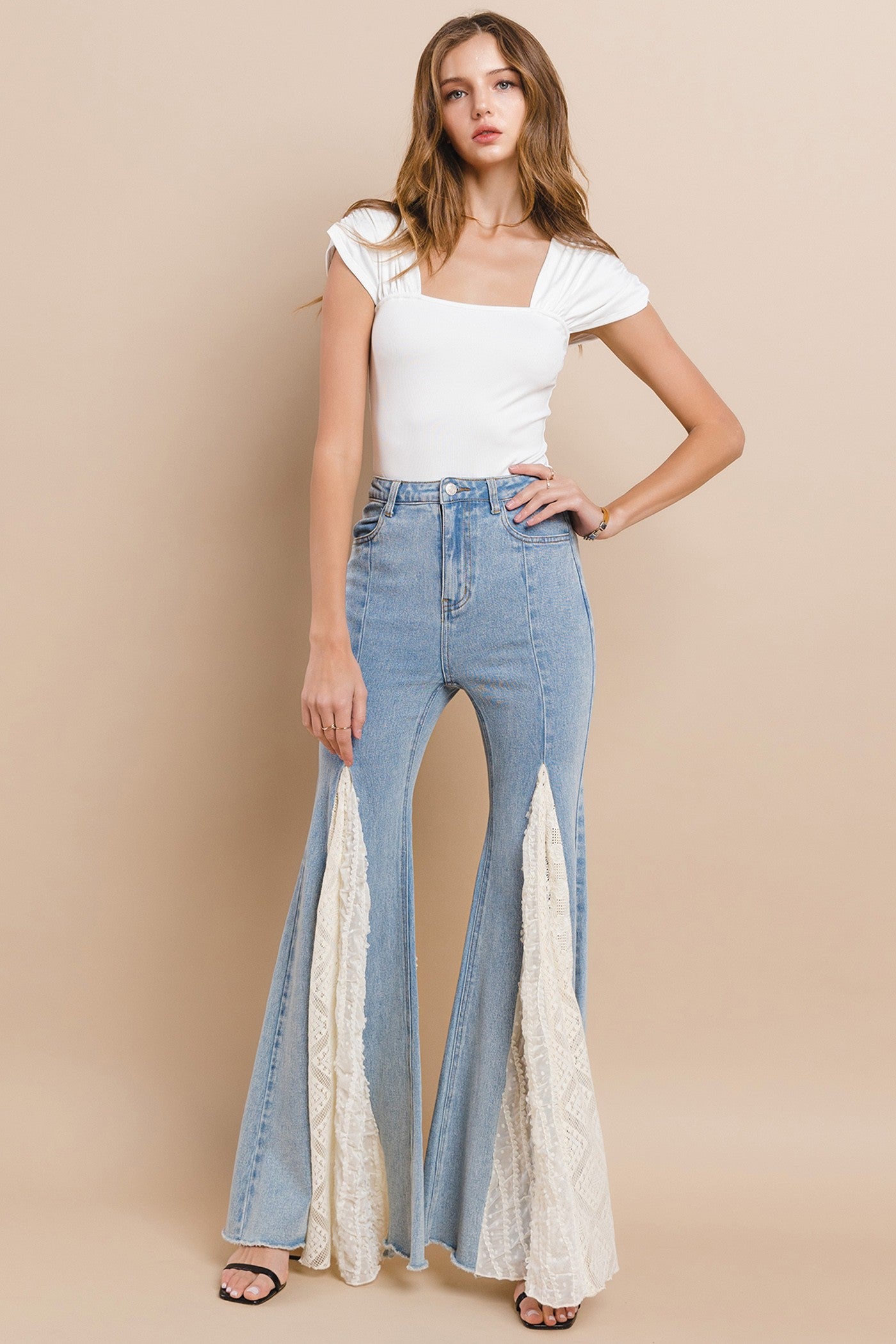 Lace Insert Bell Bottom Jeans