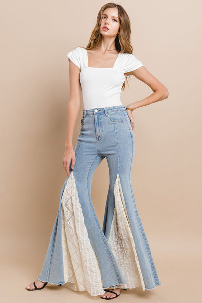 Lace Insert Bell Bottom Jeans
