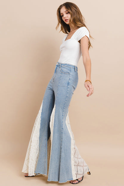 Lace Insert Bell Bottom Jeans
