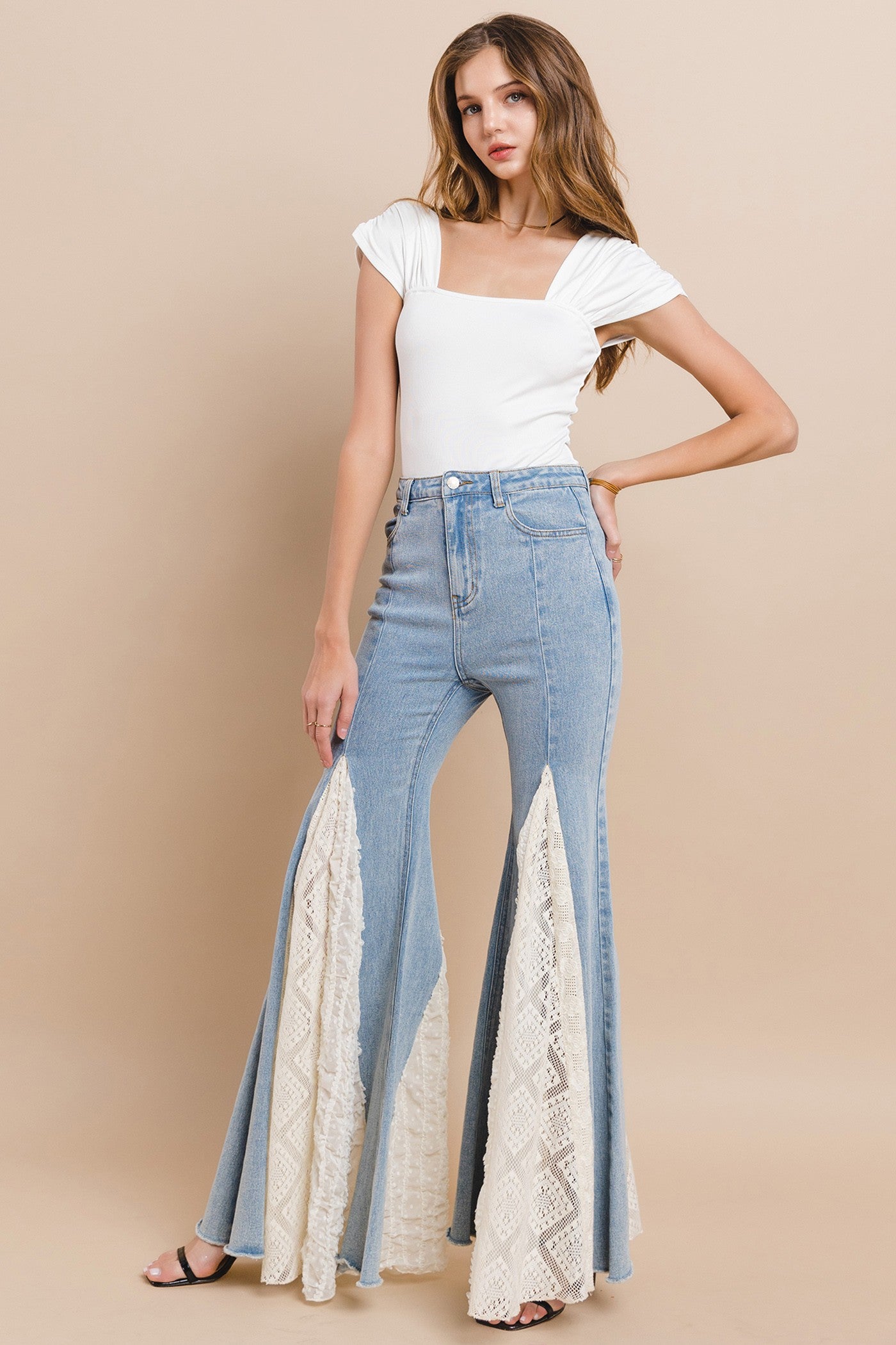 Lace Insert Bell Bottom Jeans