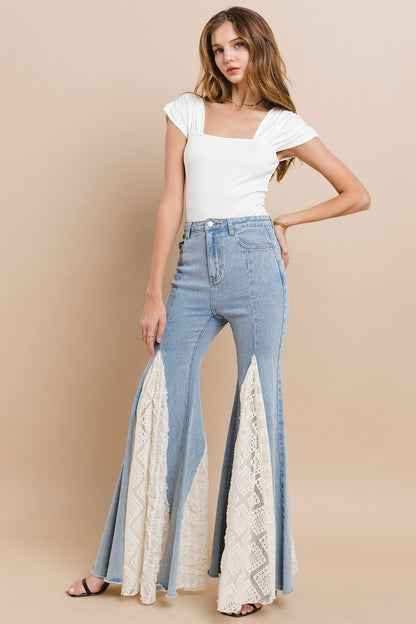 Lace Insert Bell Bottom Jeans