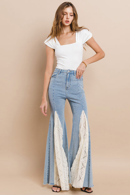 Lace Insert Bell Bottom Jeans