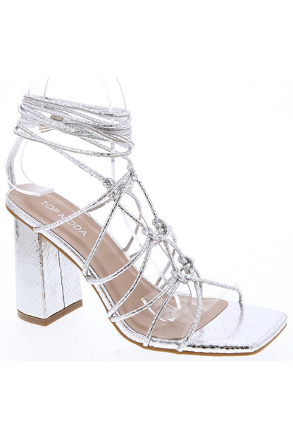 metallic snakeskin tie up block heel shoe