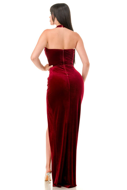 velvet sequin halter maxi dress