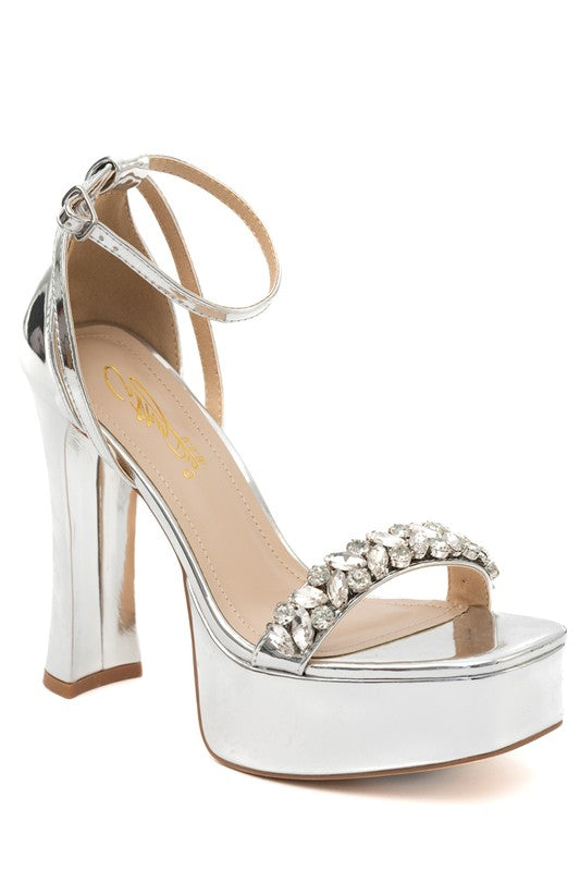 jeweled strap metallic chucky heel platform shoe