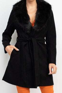 faux fur collar belted trench coat