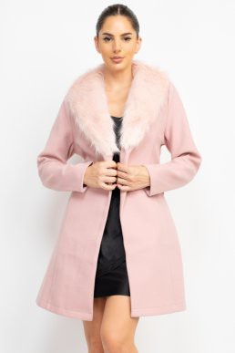 faux fur collar belted trench coat