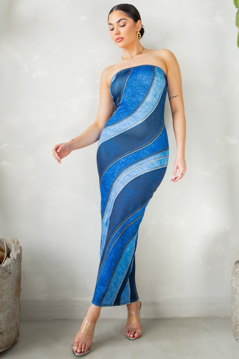 denim print strapless maxi dress