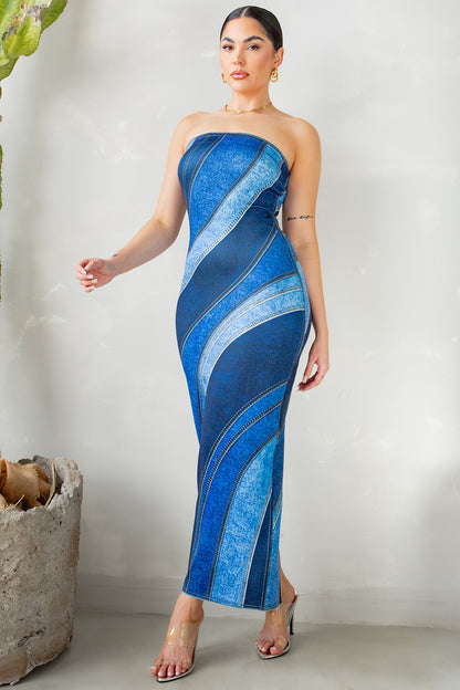 denim print strapless maxi dress