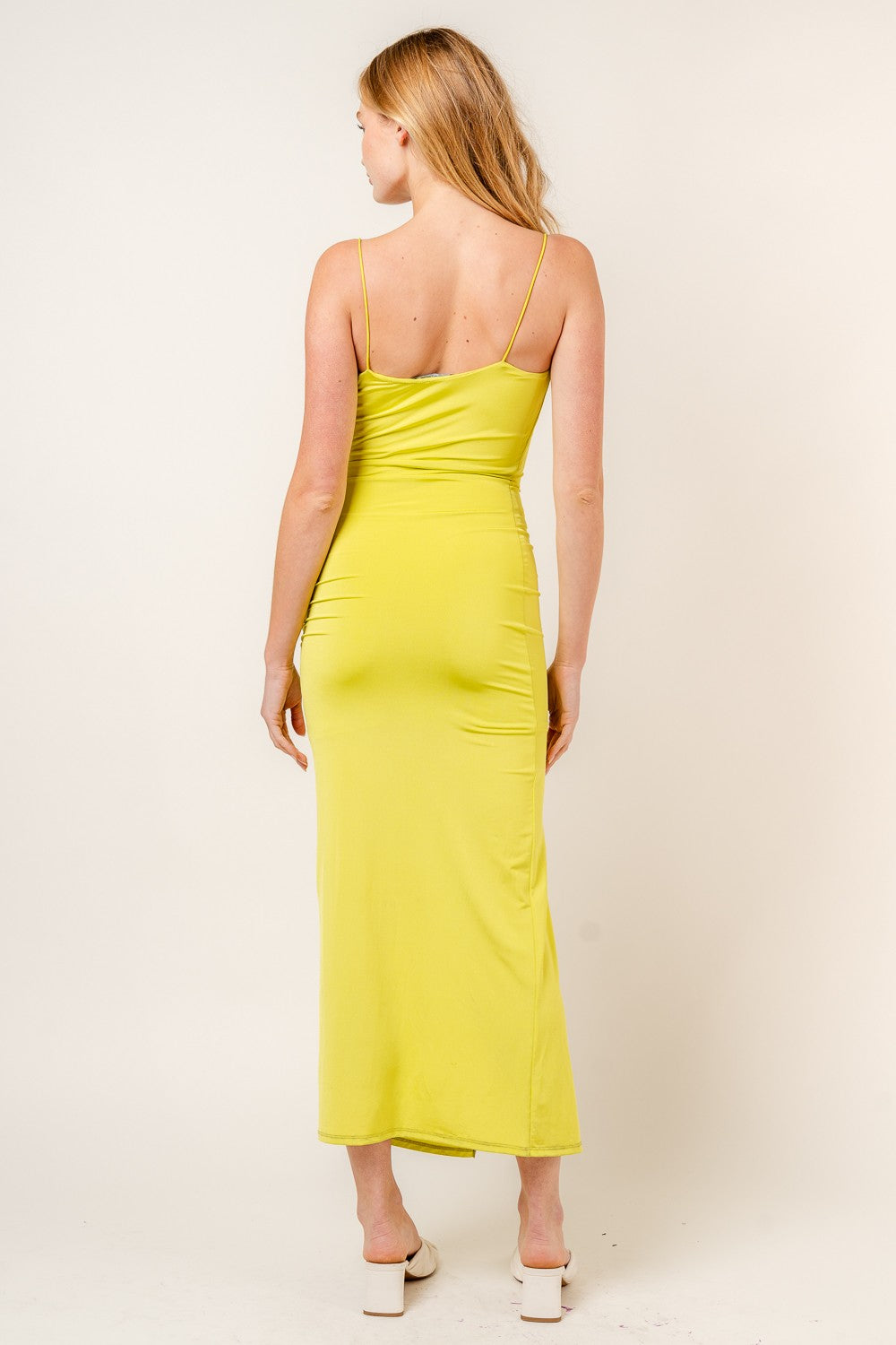 sleeveless cowl neck ruched maxi dress