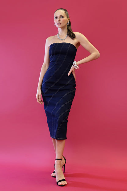 diagonal seamed strapless denim midi dress