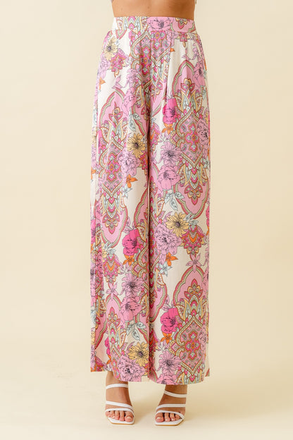 satin floral scarf print wide leg pants