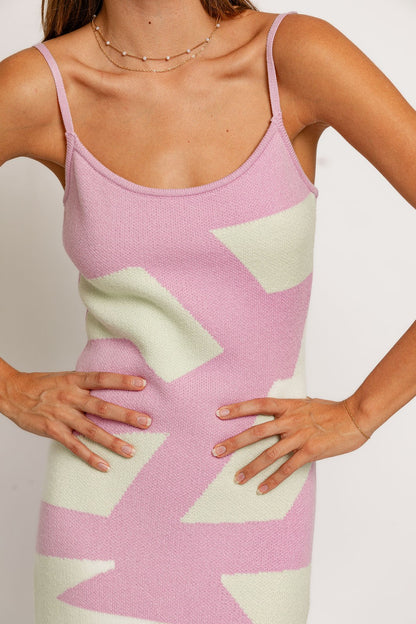 sleeveless block print knit midi dress
