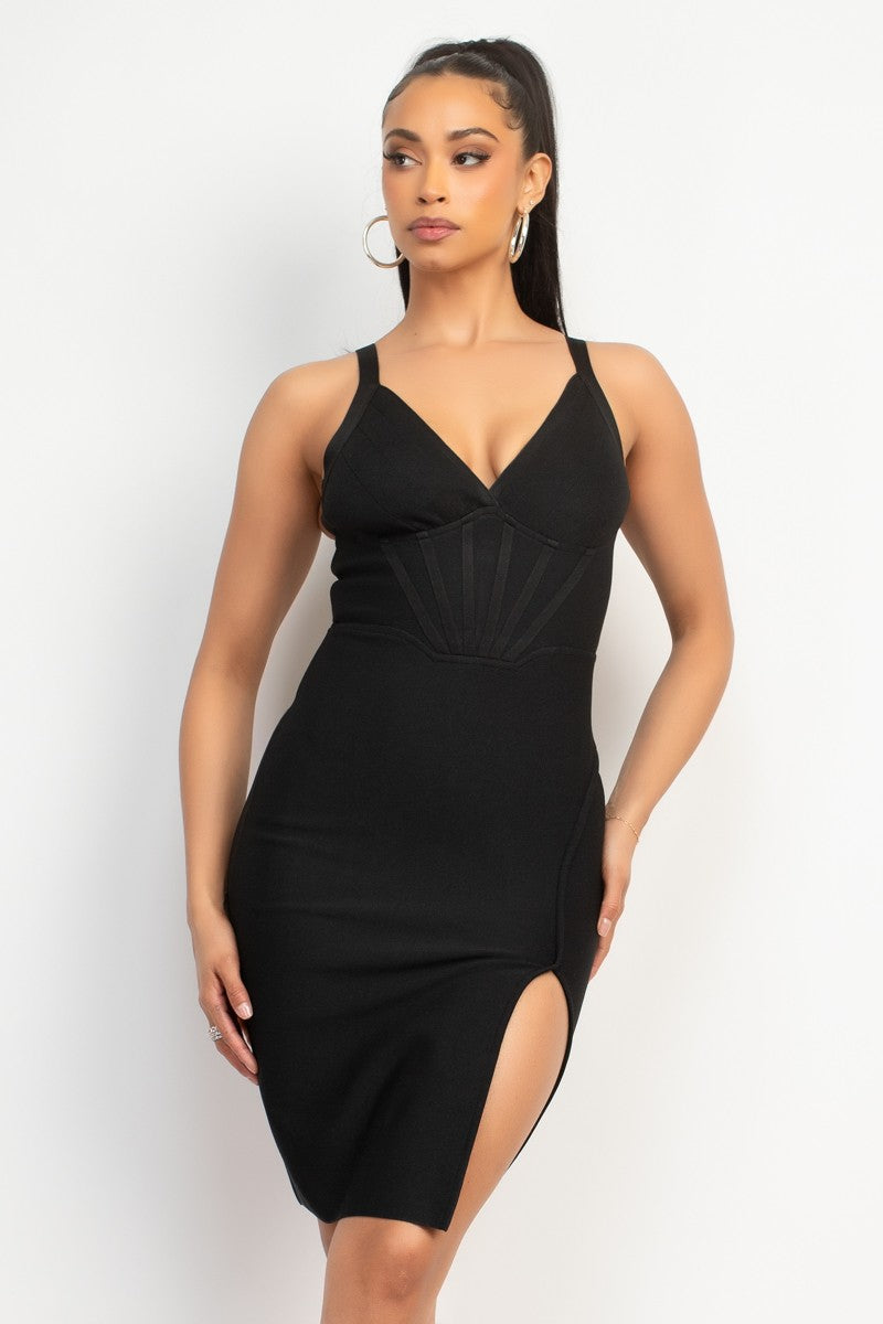 V-Neck Slit Bandage Mini Dress Black / Medium