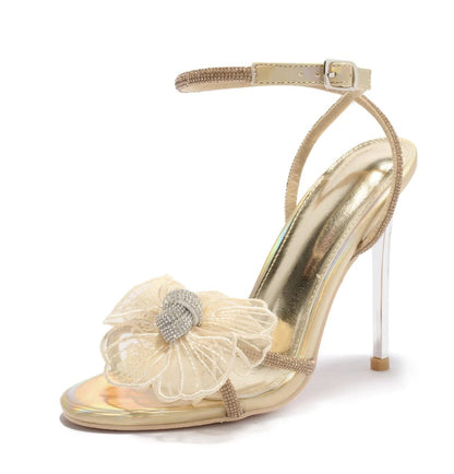 flower rhinestone strappy stiletto heel shoes