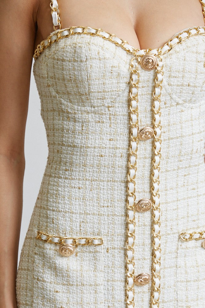 gold chain trim tweed sleeveless dress
