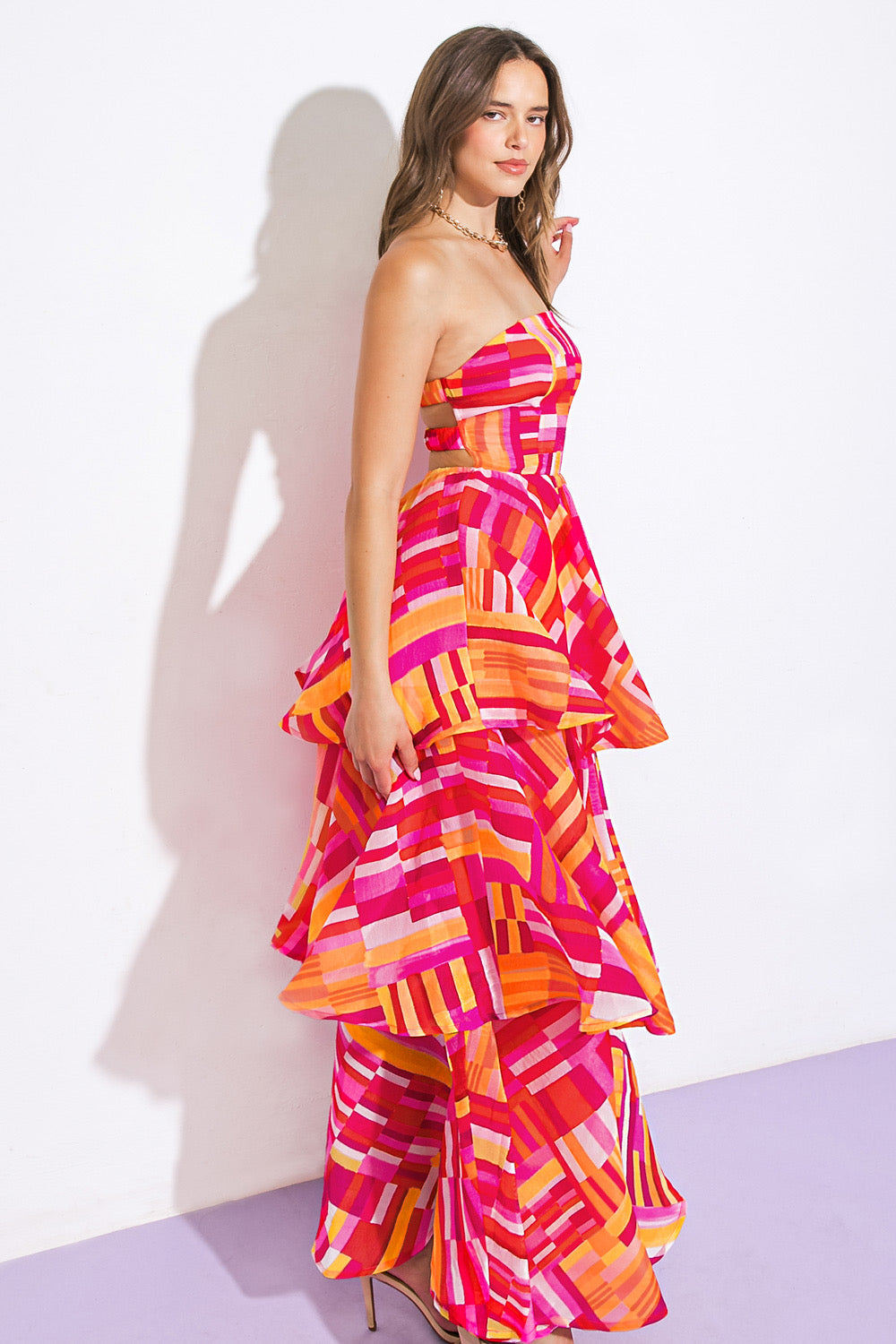 print layered strapless maxi dress