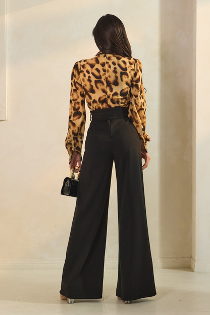 neck tie long sleeve 2 tone wide leg jumpsuit